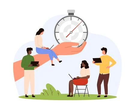 Time management, human hand holding stopwatch with arrow among working tiny Stock Illustration
