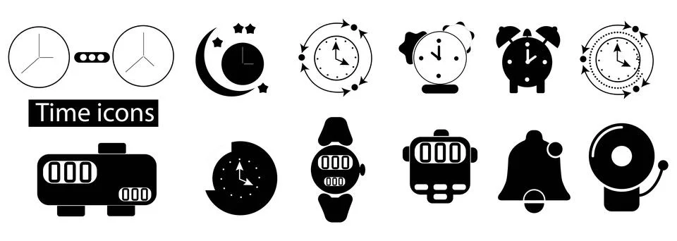 Time Management Icon Set with Clocks Timers Watches and Reminder Symbols Illustrazione stock