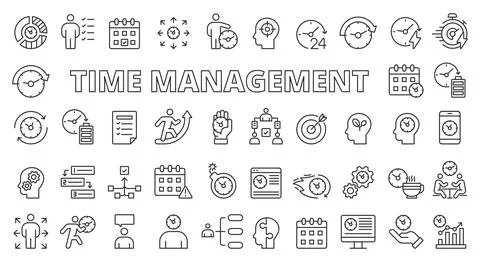 Time management icon set line design. Time, manager, icon, development, busin Stock Illustration