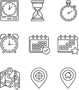 Time Management Icons: Clock, Stopwatch, Calendar, Hourglass, Alarm, Locati.. Illustrazione stock