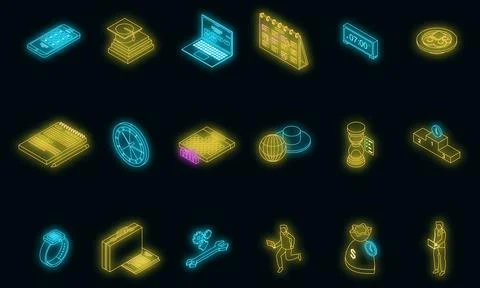 Time management icons set vector neon Stock Illustration