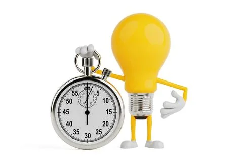 Time Management Idea Concept. Light Bulb Character Holding Stopwatch. 3d Re.. Illustrazione stock