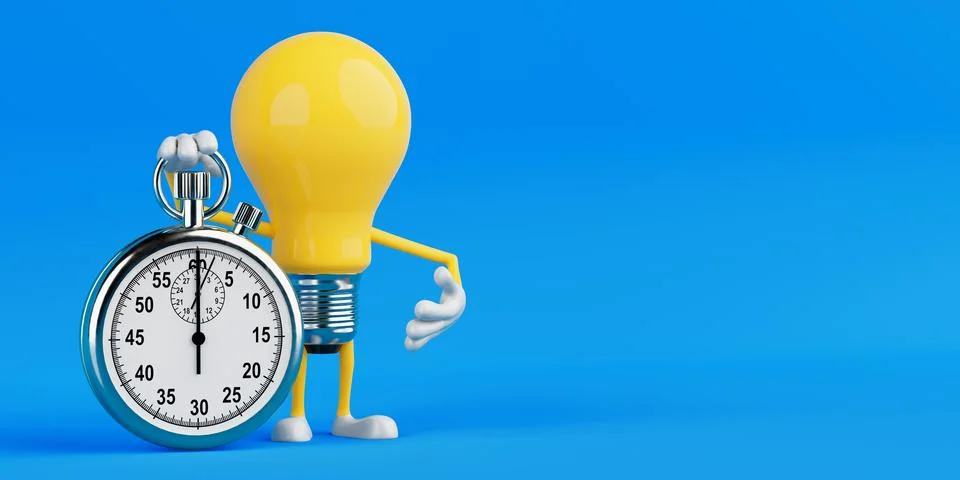 Time Management Idea Concept. Light Bulb Character Holding Stopwatch. 3d Re.. Stock Illustration