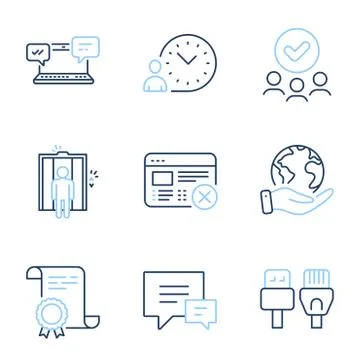 Time management, Internet chat and Computer cables icons set. Comment, Elevator Illustrazione stock