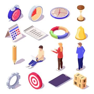 Time management isometric icon set, flat vector isolated illustration. Stock Illustration