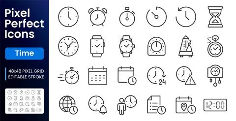 Time Management line icon set. Clock, alarm, stopwatch, timer, calendar, date Illustrazione stock
