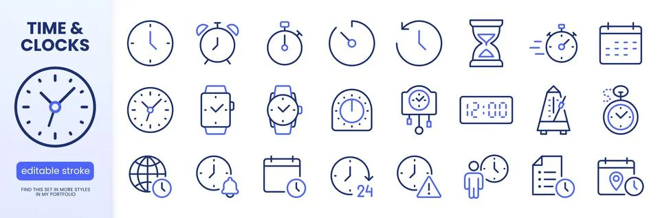 Time Management line icon set. Clock, alarm, stopwatch, timer, calendar, date Stock Illustration