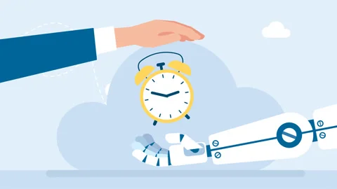 Time management. Man and a robot hold a watch. Overworked businessman and robot Video stock 259815847