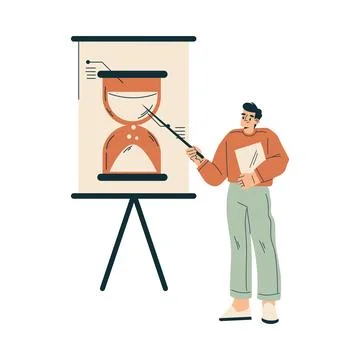 Time Management with Man Character Point at Hourglass Organizing Efficient Stockillustratie