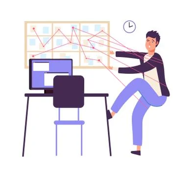 Time management. Man organized work, inefficiency task board. Manager tired Illustrazione stock
