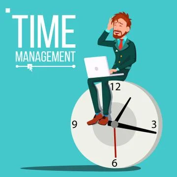 Time Management Man Vector. Huge Clock, Watch. Control. Procrastination Stock Illustration