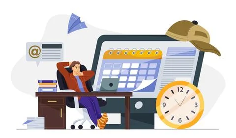 Time management man. Young guy sits near calendar and clock. Organizing Stock Illustration