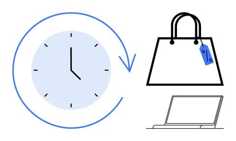 Time Management in Online Shopping Clock, Shopping Bag with Tag, and Laptop.. Stock Illustration