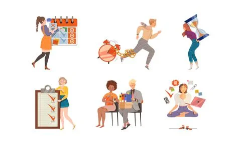 Time Management with People Characters Multitasking and Organizing their Time イラスト素材