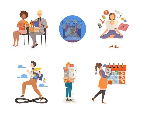 Time Management with People Characters Multitasking and Organizing their Time Stock Illustration
