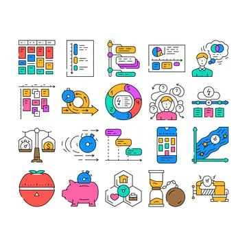 Time management schedule task icons set vector Stock Illustration