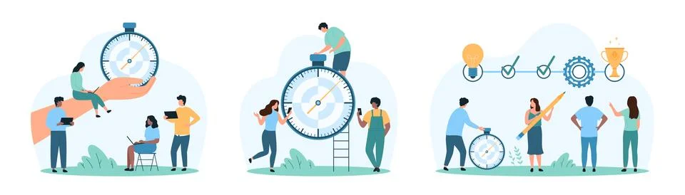 Time management set, business task organization, motivation training of tiny Stock Illustration