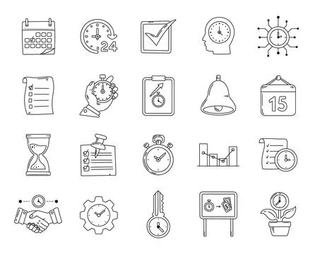 Time management set in outline line art Stock Illustration