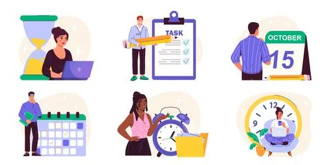 Time management set. People with clocks and calendar. Efficient work process Stock Illustration