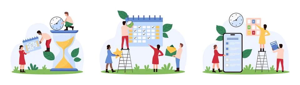 Time management set, tiny people organize schedule with planner list, check Illustration