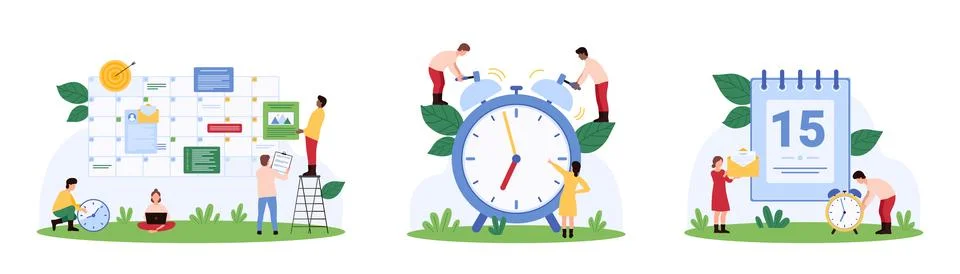 Time management set, tiny people add notes and email, documents to digital Stock Illustration