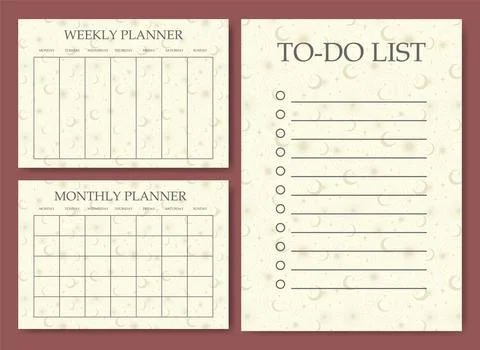 Time management sheet design in pastel color with starry sky. Blank printable 스톡 일러스트