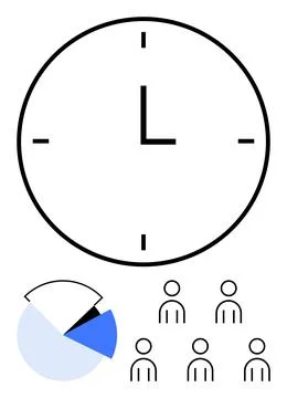 Time Management for Team Efficiency with Clock, Pie Chart, and Group Icons Stock Illustration