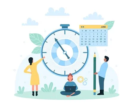 Time management, tiny people control progress of work with timer, pencil and Stock Illustration