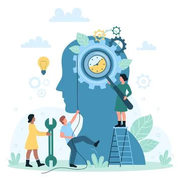 Time management, tiny people hold rope to push gear machine with clock inside Stock Illustration