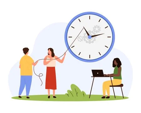 Time management, tiny people moving clock back to meet deadline, pulling arrow イラスト素材