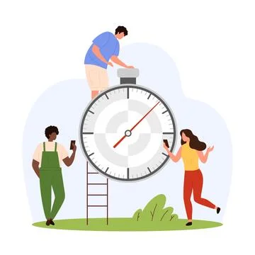 Time management, tiny people press timer button to count down and focus on Stock Illustration
