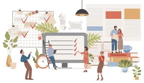 Time management vector flat illustration. Happy smiling people planning work Stock Illustration