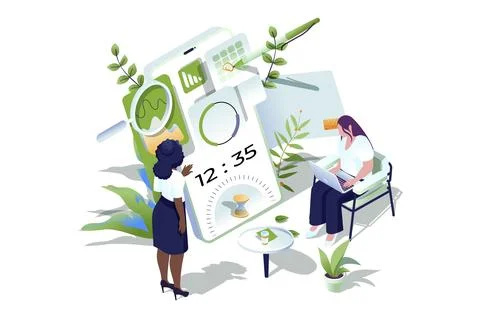 Time management web concept in 3d isometric design. People keeps track of t.. Stock Photos