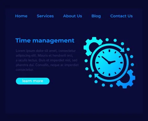 Time management, website vector template, dark page 스톡 일러스트