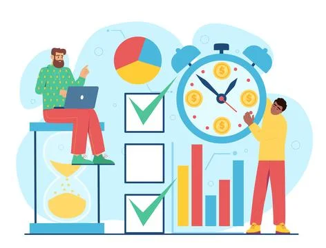 Time management at work. Men standing near clock and checklist of tasks Stock Illustration
