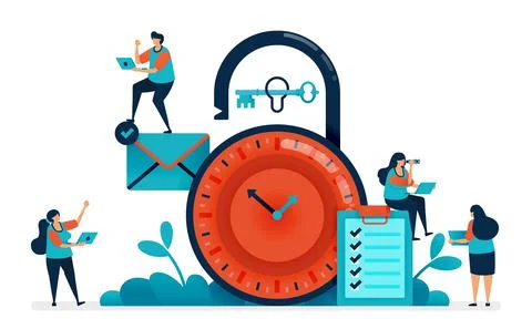 Time management at work, multitasking in managing time, security scheduling a Stock Illustration