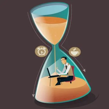 Time managment concept vector illustration. Businessman is sinking in hourglass Stock Illustration
