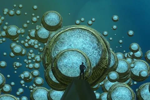 Time measurement theme. Imaginary world. Alternative realm. Illustrazione stock