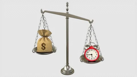 Time is money balance scale – 3d render looped with alpha channel. Vídeo Stock 339453729