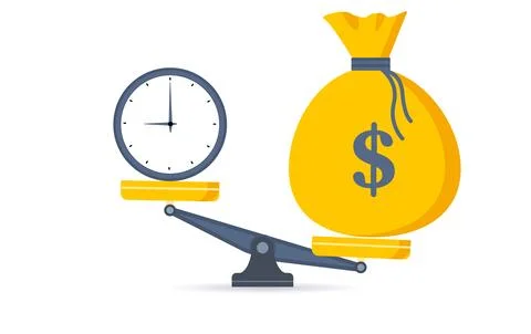 Time is money. Clock and dollar bag a balance scale. Financial concept .Time Stockillustratie