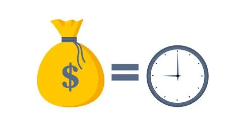 Time is money. Clock and dollar bag a balance scale. Financial concept .Time Stock Illustration