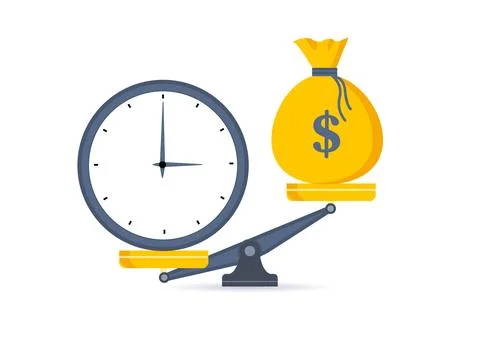 Time is money. Clock and dollar bag a balance scale. Financial concept .Time Stock Illustration