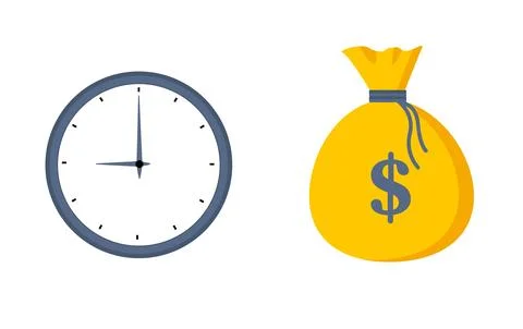 Time is money. Clock and dollar bag a balance scale. Financial concept .Time Stock Illustration