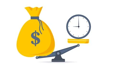 Time is money. Clock and dollar bag a balance scale. Financial concept .Time イラスト素材