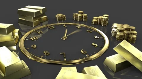 Time is money. Clock Time Lapse. Gold watches with gold bars Stock Footage 65462395