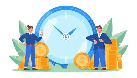 Time is money concept with big clock, coins and business people Stock Illustration