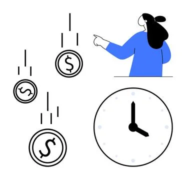 Time is Money Concept with Clock and Falling Dollar Coins Illustration イラスト素材