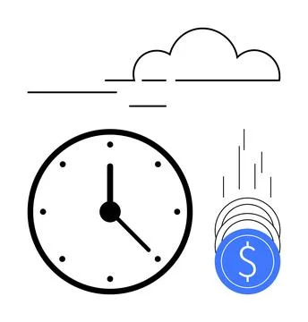 Time Is Money Concept with Clock, Falling Coins, and Cloud in Minimalist Styl イラスト素材