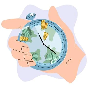Time is money concept with coins stack and stopwatch in human hand. Quick loan 스톡 일러스트