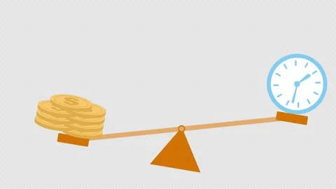 Time is money concept showing clock and gold coins balancing on see-saw sca.. Stock Footage 324069497